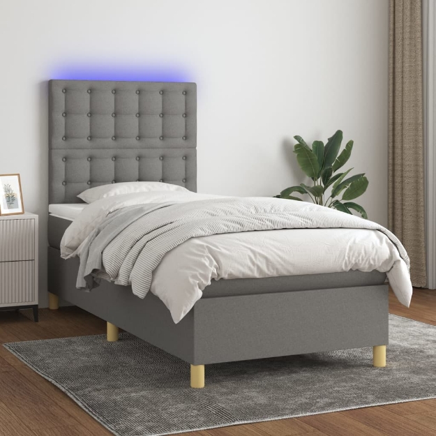 Letto a Molle Materasso e LED Grigio Scuro 100x200cm in Tessuto