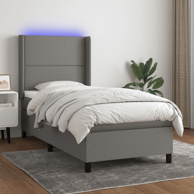 Letto a Molle Materasso e LED Grigio Scuro 100x200cm in Tessuto