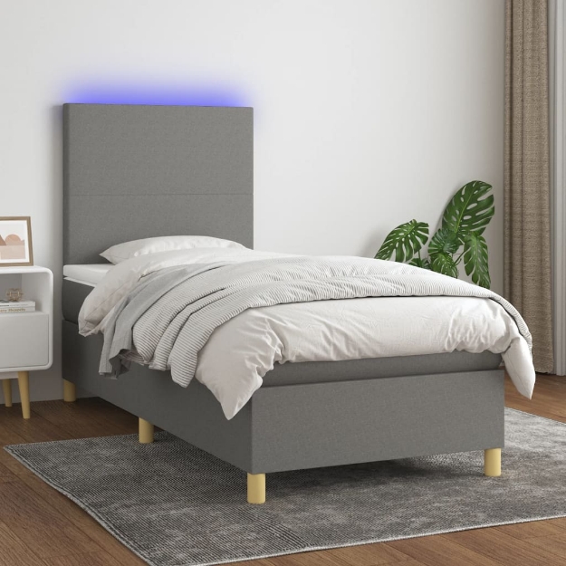 Letto a Molle Materasso e LED Grigio Scuro 100x200cm in Tessuto