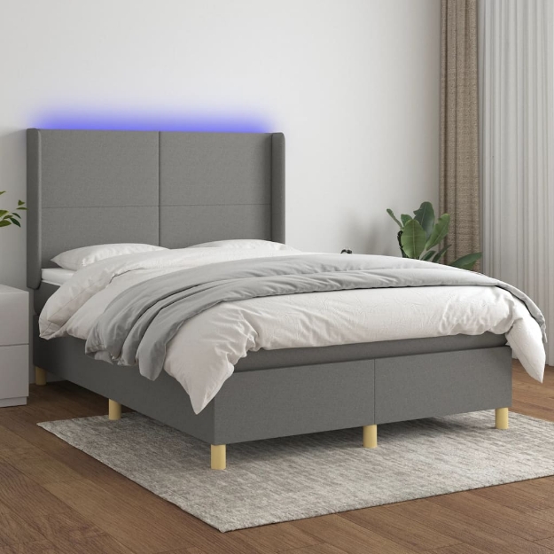 Letto a Molle Materasso e LED Grigio Scuro 140x190cm in Tessuto