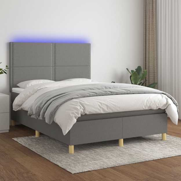 Letto a Molle Materasso e LED Grigio Scuro 140x190cm in Tessuto