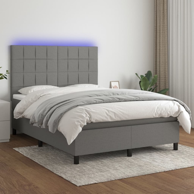 Letto a Molle Materasso e LED Grigio Scuro 140x190cm in Tessuto