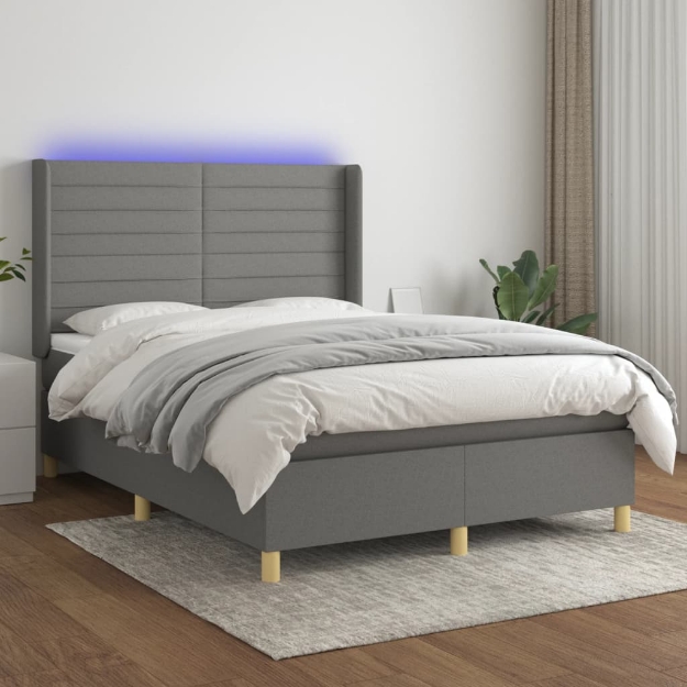 Letto a Molle Materasso e LED Grigio Scuro 140x200cm in Tessuto