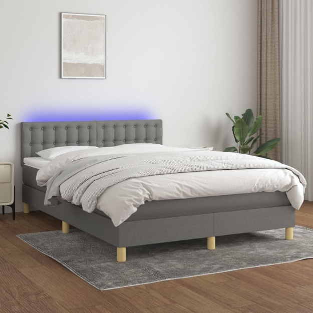 Letto a Molle Materasso e LED Grigio Scuro 140x200cm in Tessuto