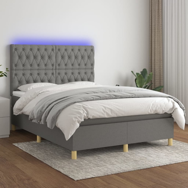 Letto a Molle Materasso e LED Grigio Scuro 140x200cm in Tessuto