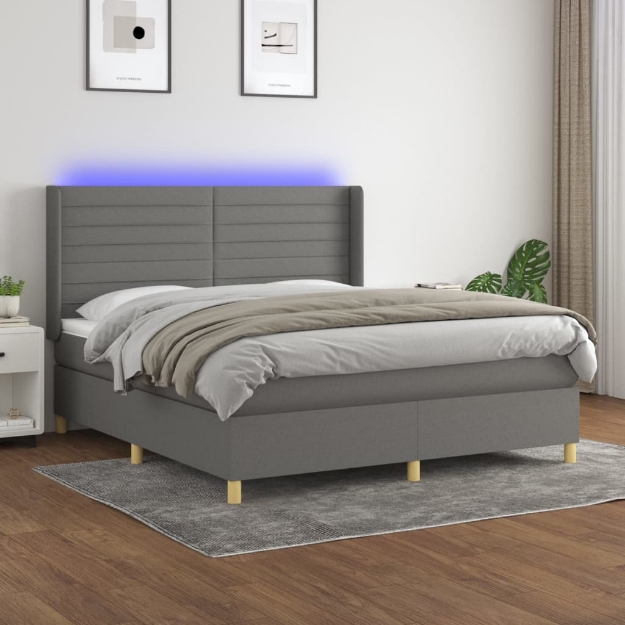 Letto a Molle Materasso e LED Grigio Scuro 160x200cm in Tessuto