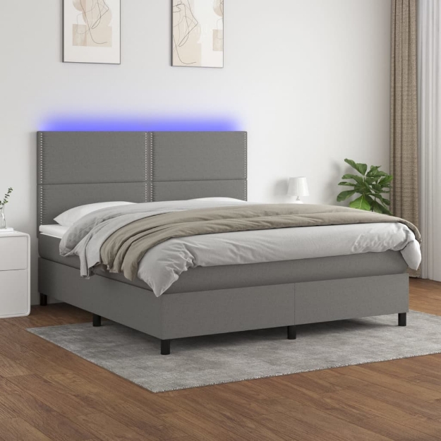 Letto a Molle Materasso e LED Grigio Scuro 160x200cm in Tessuto