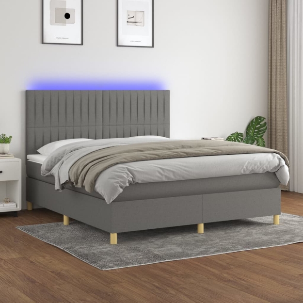 Letto a Molle Materasso e LED Grigio Scuro 160x200cm in Tessuto