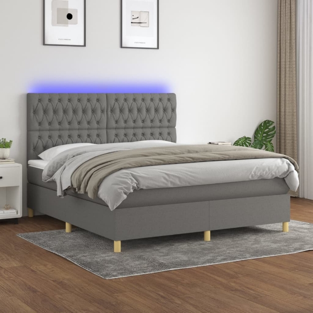 Letto a Molle Materasso e LED Grigio Scuro 160x200cm in Tessuto