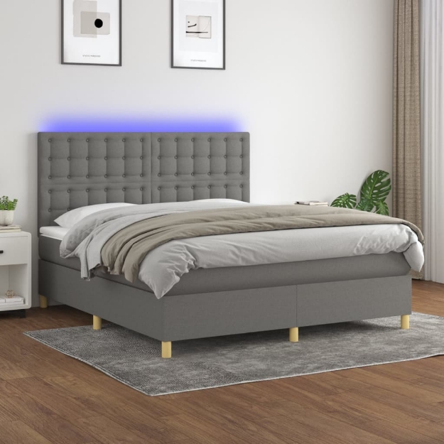 Letto a Molle Materasso e LED Grigio Scuro 160x200cm in Tessuto