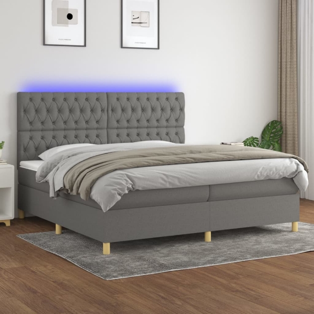 Letto a Molle Materasso e LED Grigio Scuro 200x200cm in Tessuto