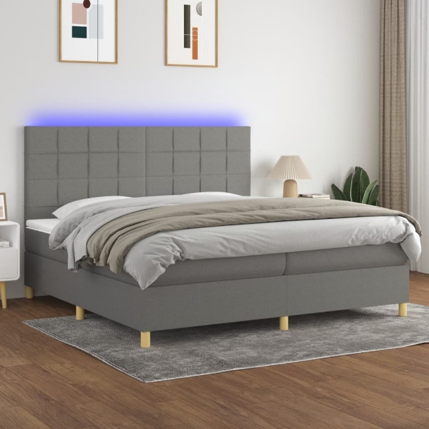 Letto a Molle Materasso e LED Grigio Scuro 200x200cm in Tessuto