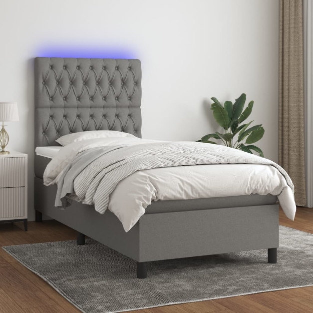 Letto a Molle Materasso e LED Grigio Scuro 80x200 cm in Tessuto