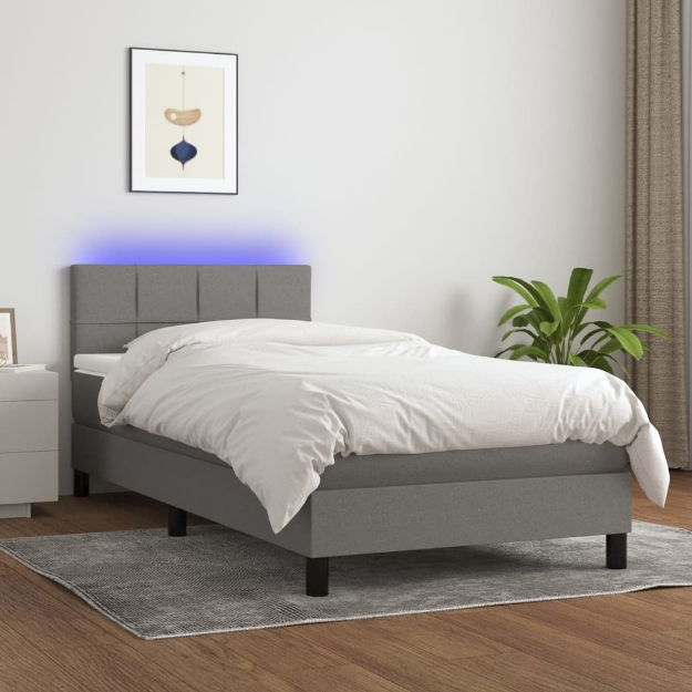 Letto a Molle Materasso e LED Grigio Scuro 90x190 cm in Tessuto