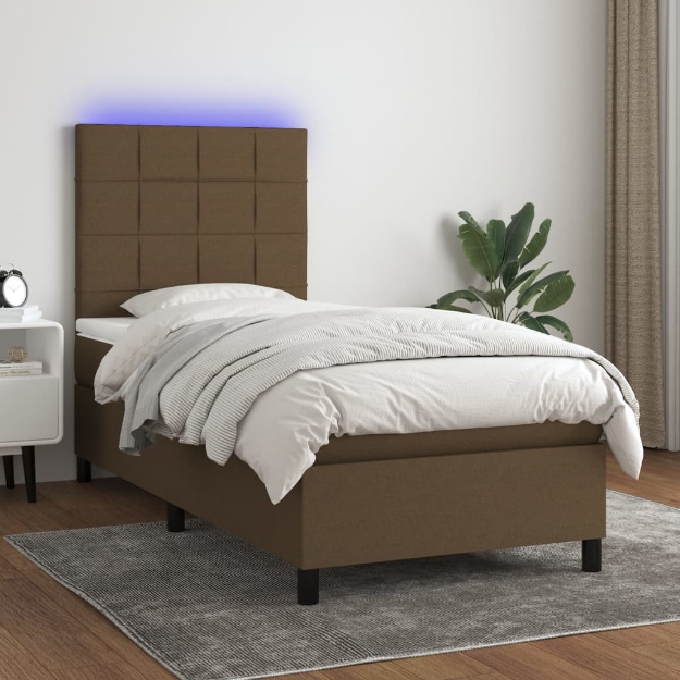 Letto a Molle Materasso e LED Marrone Scuro 100x200 cm Tessuto