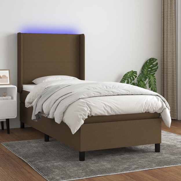 Letto a Molle Materasso e LED Marrone Scuro 100x200 cm Tessuto