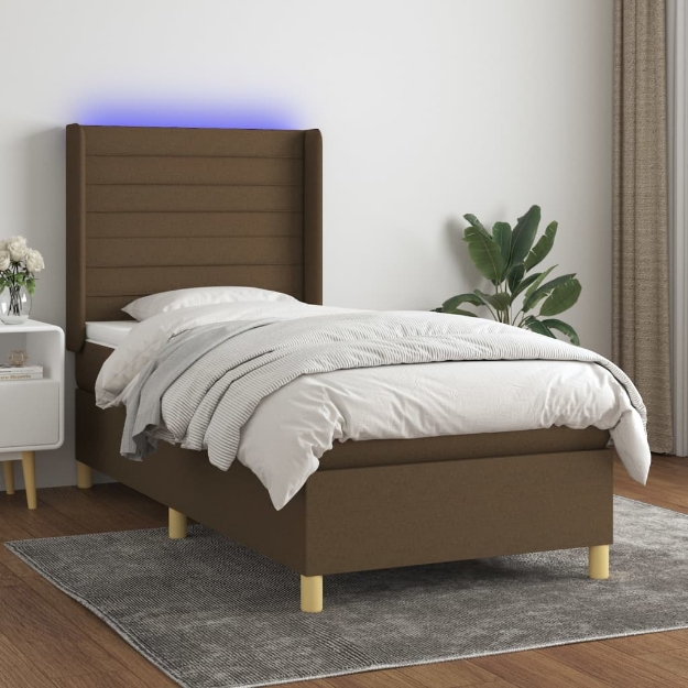 Letto a Molle Materasso e LED Marrone Scuro 100x200 cm Tessuto