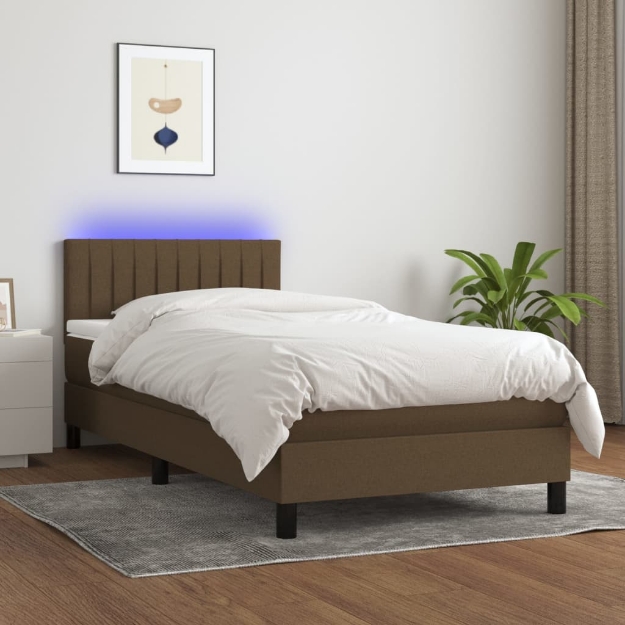 Letto a Molle Materasso e LED Marrone Scuro 100x200 cm Tessuto