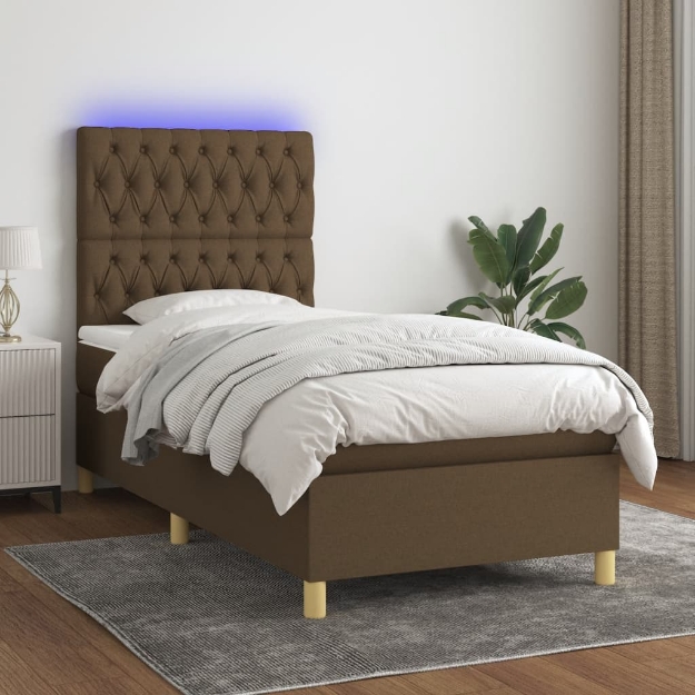 Letto a Molle Materasso e LED Marrone Scuro 100x200 cm Tessuto