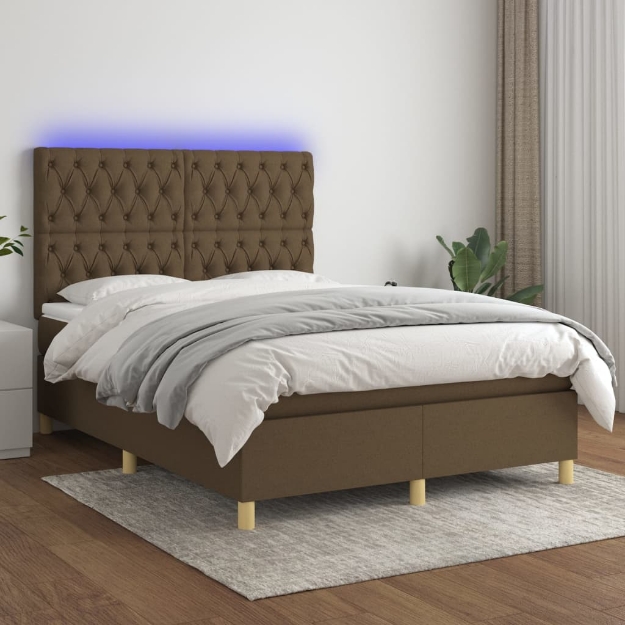 Letto a Molle Materasso e LED Marrone Scuro 140x200 cm Tessuto