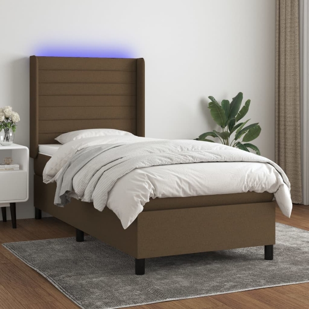 Letto a Molle Materasso e LED Marrone Scuro 80x200cm in Tessuto