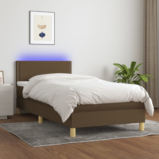 Letto a Molle Materasso e LED Marrone Scuro 80x200cm in Tessuto