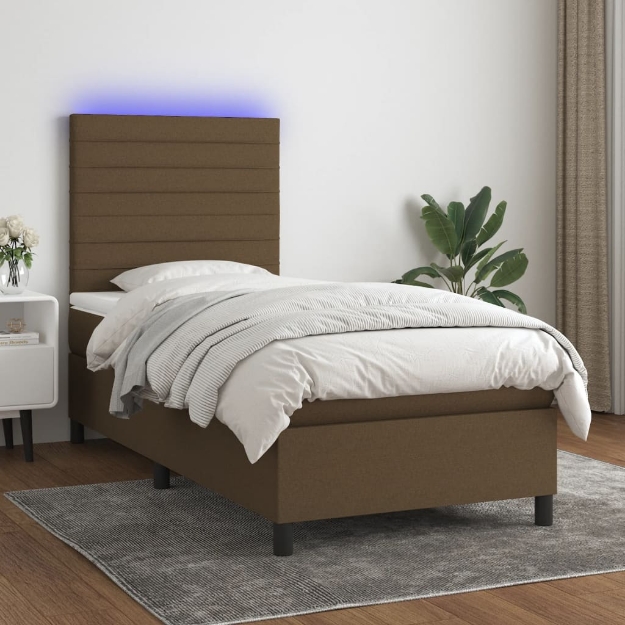 Letto a Molle Materasso e LED Marrone Scuro 90x190cm in Tessuto