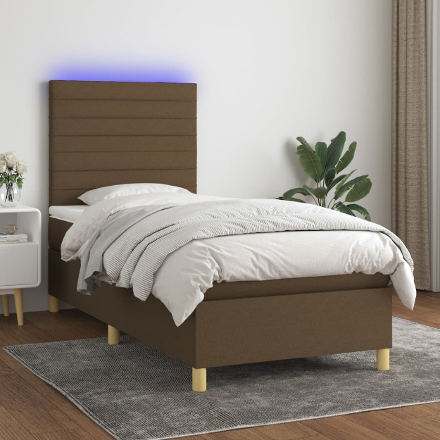 Letto a Molle Materasso e LED Marrone Scuro 90x190cm in Tessuto