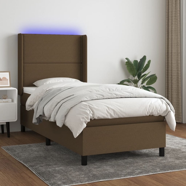 Letto a Molle Materasso e LED Marrone Scuro 90x190cm in Tessuto