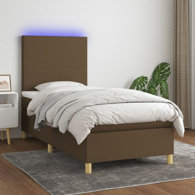 Letto a Molle Materasso e LED Marrone Scuro 90x190cm in Tessuto