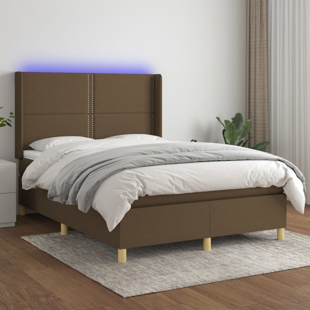 Letto a Molle Materasso e LED MarroneScuro 140x190cm in Tessuto