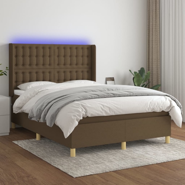 Letto a Molle Materasso e LED MarroneScuro 140x190cm in Tessuto