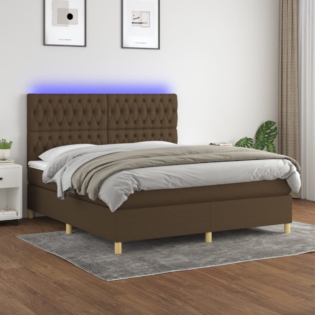 Letto a Molle Materasso e LED MarroneScuro 180x200cm in Tessuto