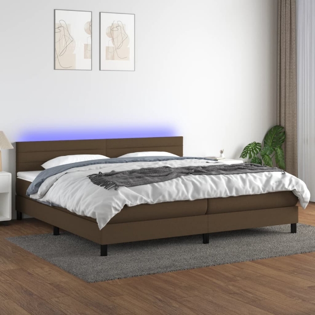 Letto a Molle Materasso e LED MarroneScuro 200x200cm in Tessuto