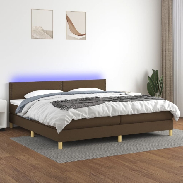 Letto a Molle Materasso e LED Marronescuro 200x200cm in Tessuto