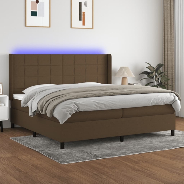 Letto a Molle Materasso e LED Marronescuro 200x200cm in Tessuto