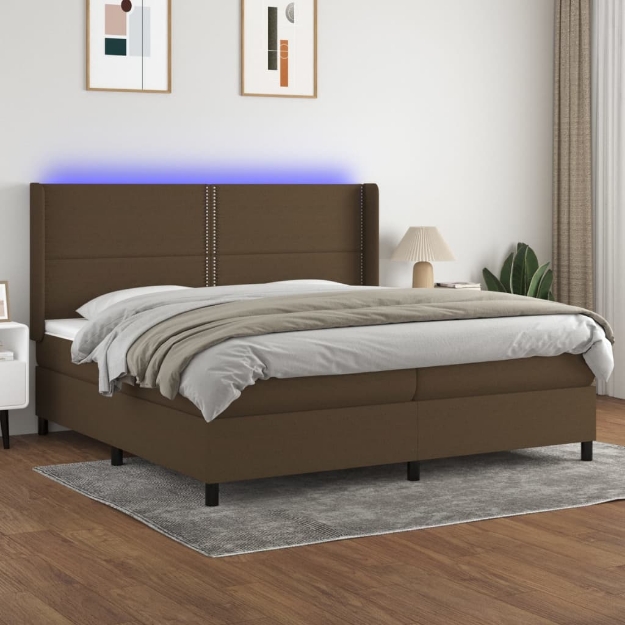 Letto a Molle Materasso e LED MarroneScuro 200x200cm in Tessuto