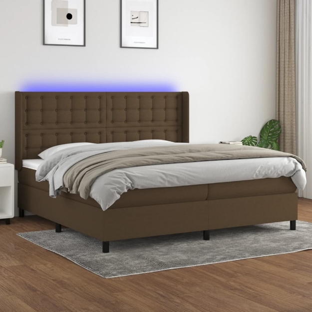 Letto a Molle Materasso e LED MarroneScuro 200x200cm in Tessuto