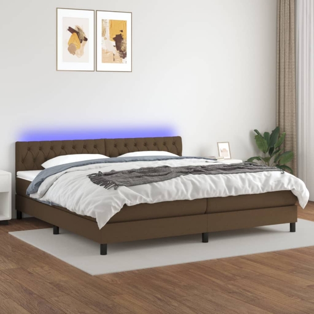 Letto a Molle Materasso e LED Marronescuro 200x200cm in Tessuto