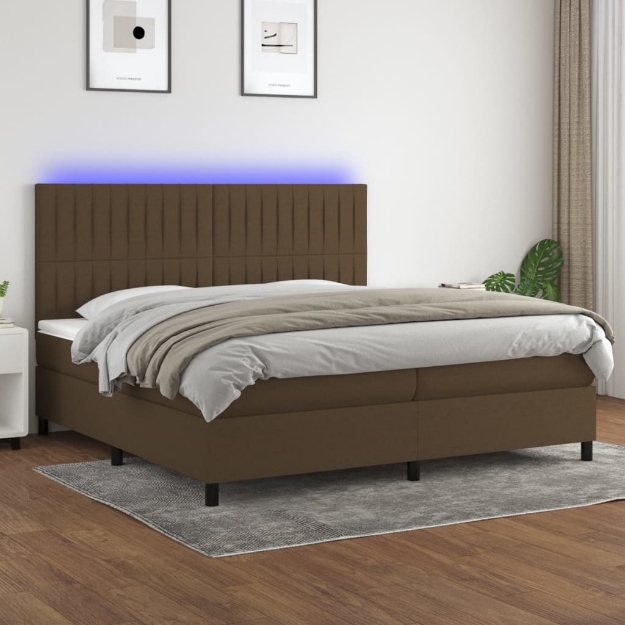 Letto a Molle Materasso e LED Marronescuro 200x200cm in Tessuto