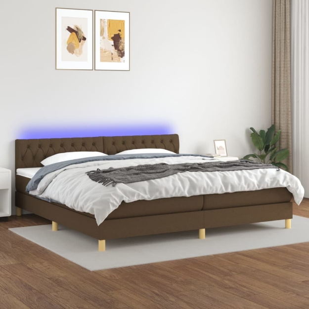 Letto a Molle Materasso e LED Marronescuro 200x200cm in Tessuto