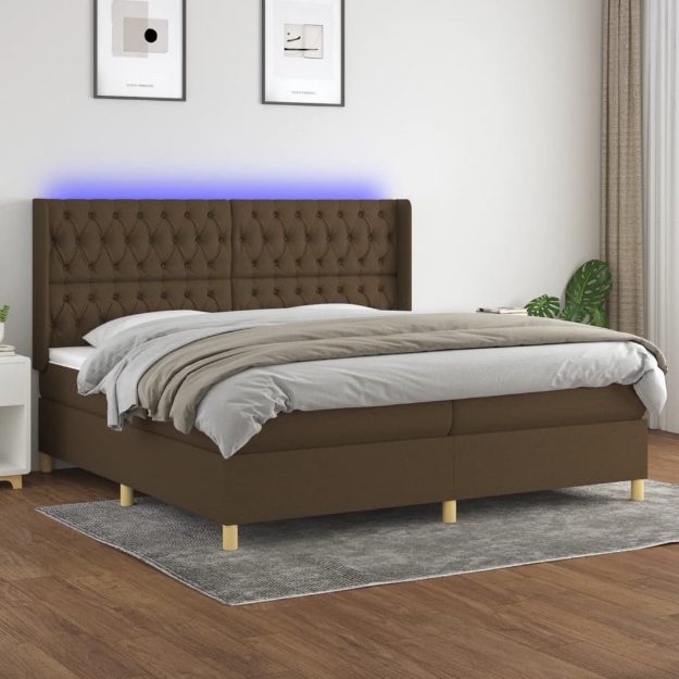 Letto a Molle Materasso e LED Marronescuro 200x200cm in Tessuto