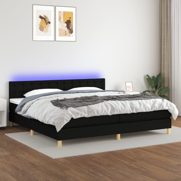 Letto a Molle Materasso e LED Nero 200x200cm in Tessuto