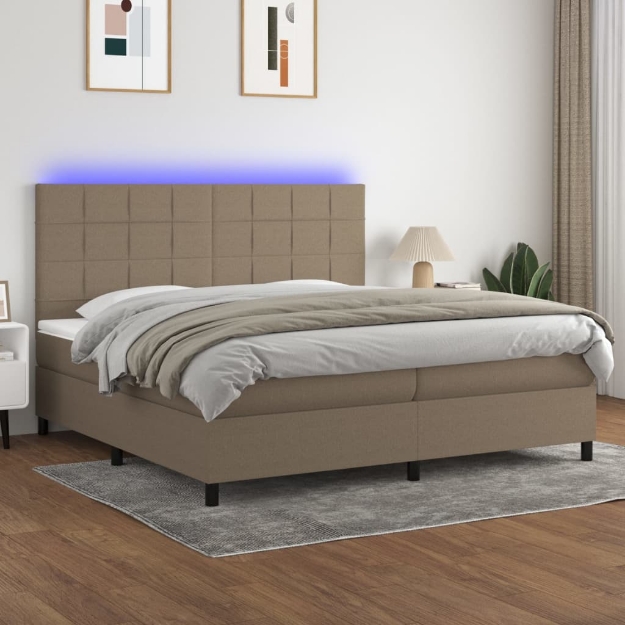 Letto a Molle Materasso e LED tortora 200x200cm in Tessuto