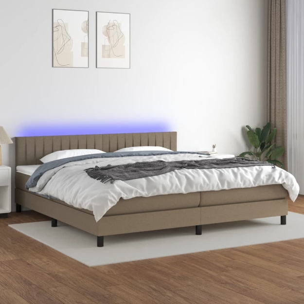 Letto a Molle Materasso e LED tortora 200x200cm in Tessuto