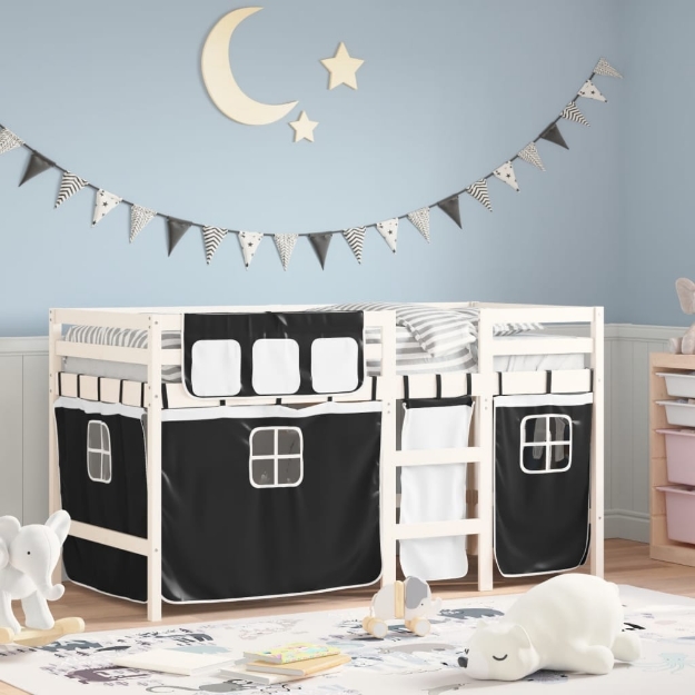 Letto a Soppalco Bambini con Tende Bianco e Nero 90x190 cm Pino