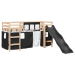 Letto a Soppalco Bambini con Tende Bianco e Nero 90x190 cm Pino