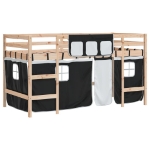 Letto a Soppalco Bambini con Tende Bianco e Nero 90x190 cm Pino