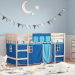 Letto a Soppalco Bambini con Tende Blu 90x190 cm Massello Pino