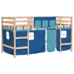 Letto a Soppalco Bambini con Tende Blu 90x190 cm Massello Pino